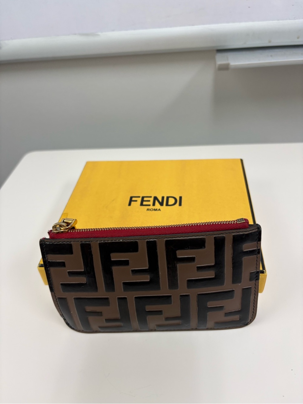Fendi Brown Embossed FF Leather Card Pouch with Red Zip